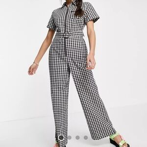 Lola May tie waist jumpsuit in gingham check